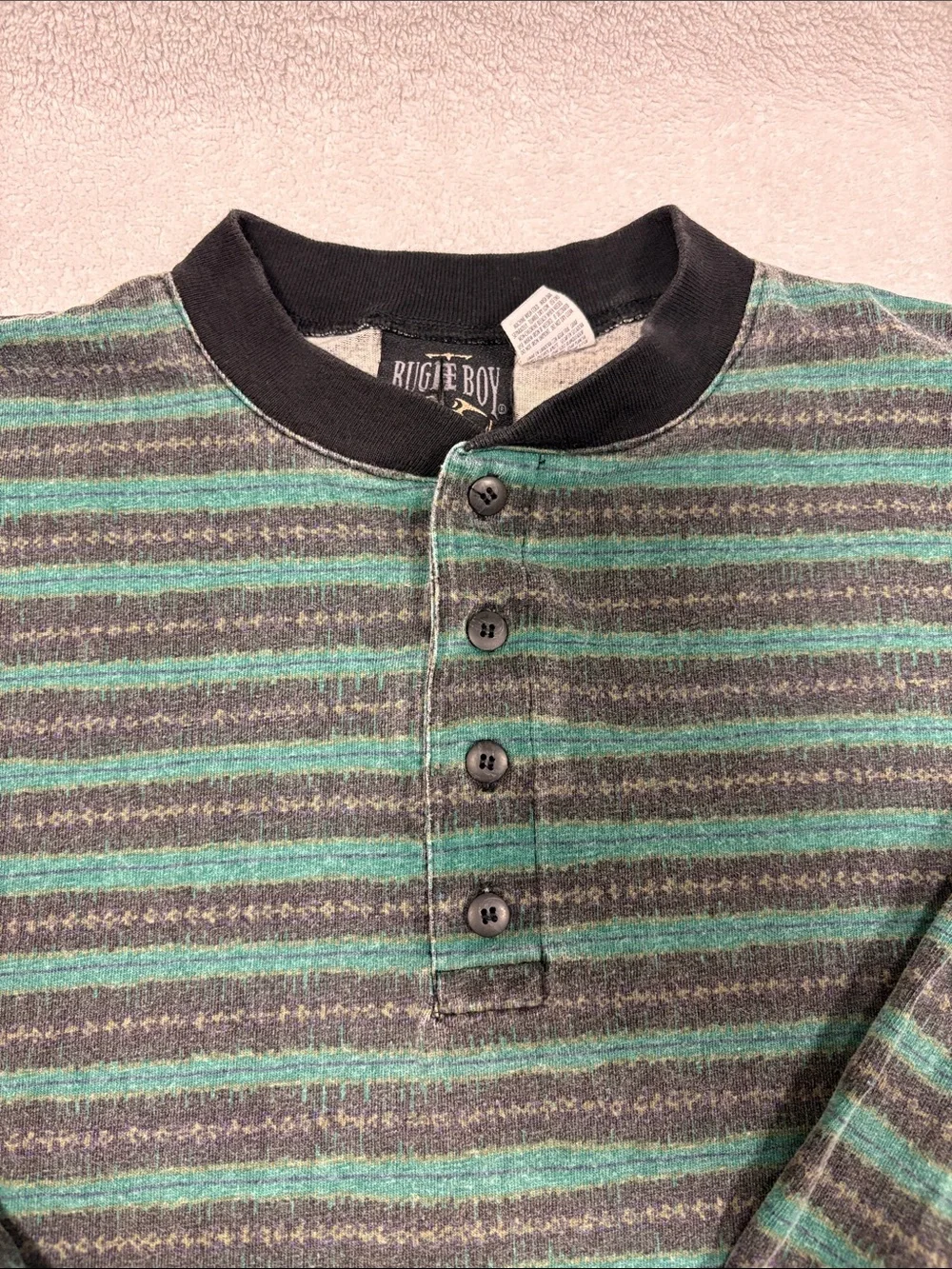 90s Vintage Bugle Boy Grandad Henley L Long Sleeve Stripe Plaid Eclectic med - Picture 2 of 8